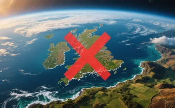 Britain seen from space with a red cross mark