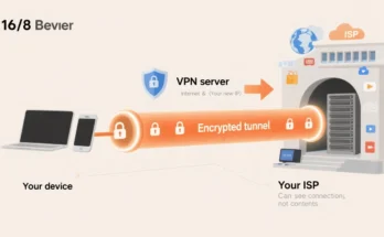 a diagram to illustrate how VPNs work showing an encrypted tunnel leading from the user's computer to his ISP.