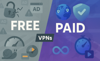 Split-screen graphic comparing free vs paid VPNs for UK users—free side shows limits/ads, paid side shows speed/security—with a subtle Union Jack backdrop