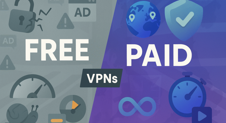 Split-screen graphic comparing free vs paid VPNs for UK users—free side shows limits/ads, paid side shows speed/security—with a subtle Union Jack backdrop