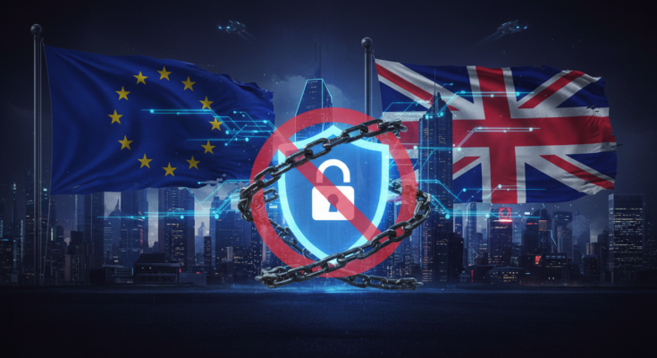 EU to ban VPNs - EU and UK flags, a restricted VPN shield, and a dark cyberpunk internet aesthetic