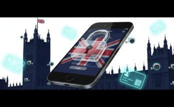UK social media ban illustration showing smartphone with union jack and the Houses of Parliament in the background.