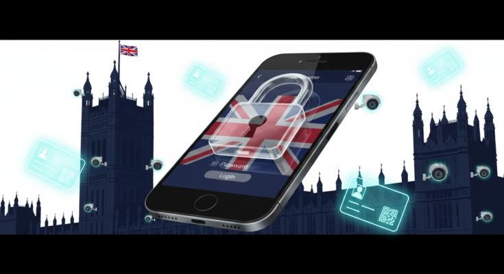 UK social media ban illustration showing smartphone with union jack and the Houses of Parliament in the background.